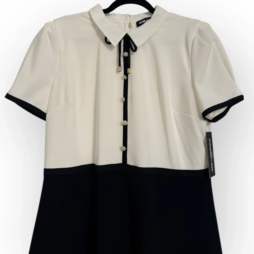 KARL LAGERFELD PARIS Collared Contrast-Trim Dress, Size 14, Black/White, NEW - Picture 5 of 12